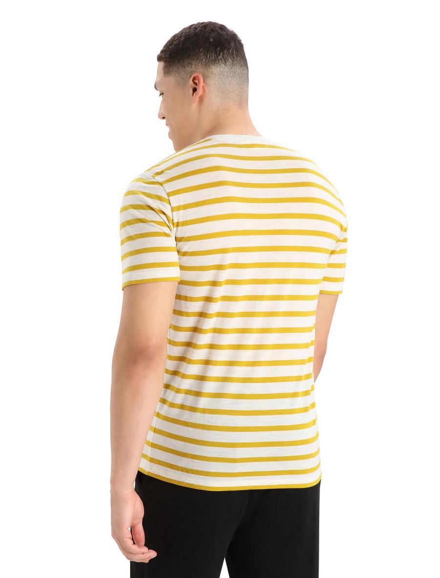 Ecru Heather / Silent Gold Men's Icebreaker Merino Drayden Short Sleeve Stripe T Shirts | USA 1185QMAZ